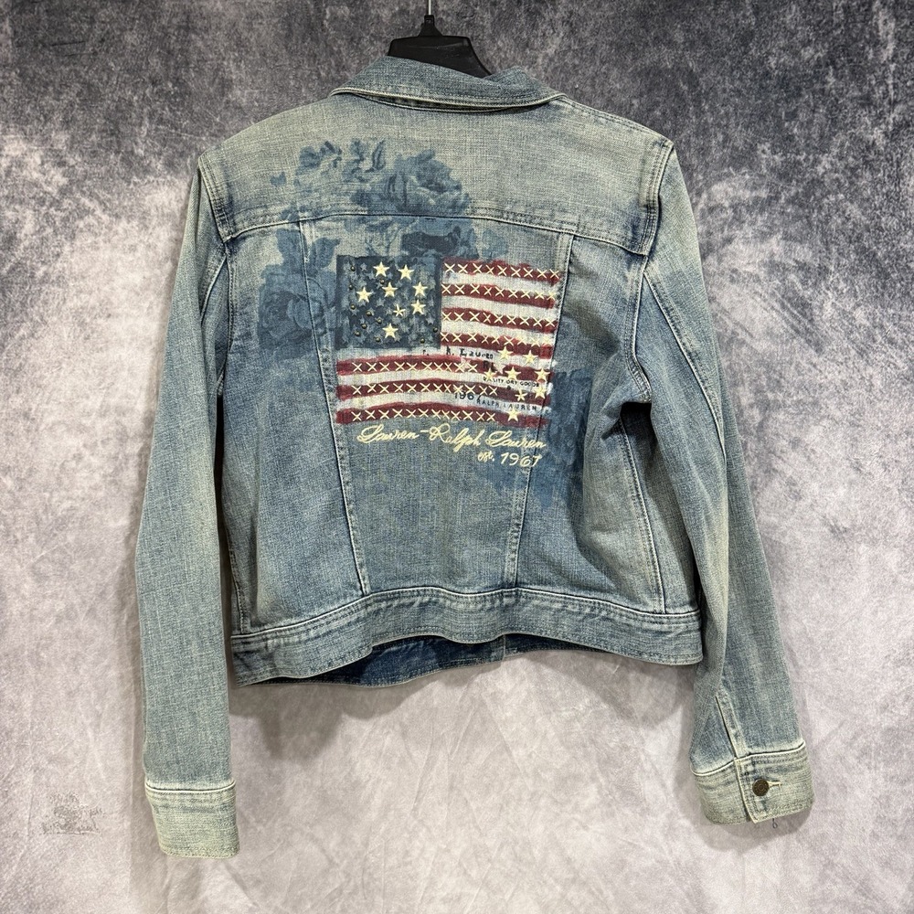 Lauren Ralph Lauren Women's XL Denim Jacket American Flag Embroidered Cropped